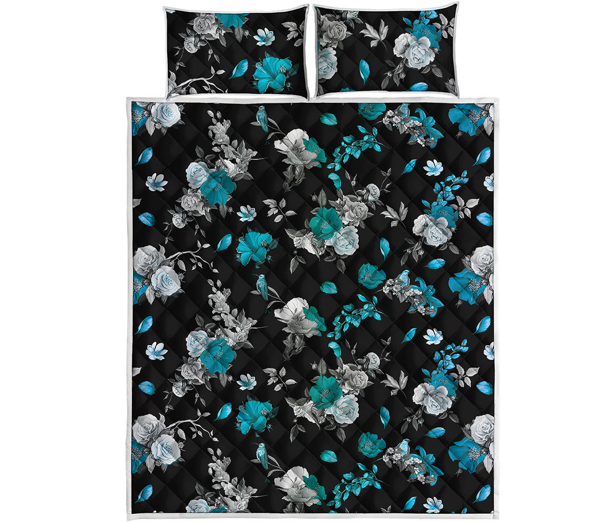 Blue Peony And Grey Rose Floral Print Quilt Bed Set