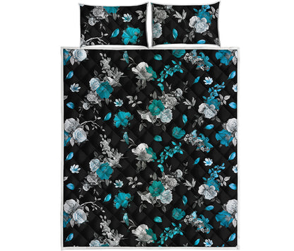 Blue Peony And Grey Rose Floral Print Quilt Bed Set