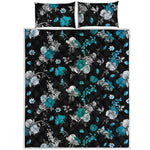 Blue Peony And Grey Rose Floral Print Quilt Bed Set