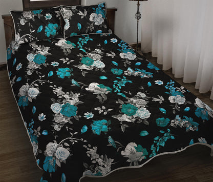 Blue Peony And Grey Rose Floral Print Quilt Bed Set