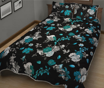 Blue Peony And Grey Rose Floral Print Quilt Bed Set