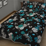 Blue Peony And Grey Rose Floral Print Quilt Bed Set