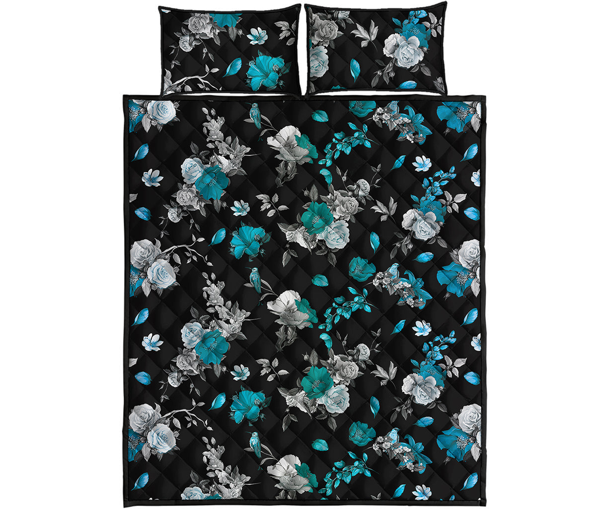 Blue Peony And Grey Rose Floral Print Quilt Bed Set