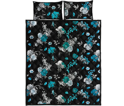 Blue Peony And Grey Rose Floral Print Quilt Bed Set