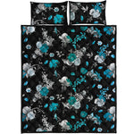 Blue Peony And Grey Rose Floral Print Quilt Bed Set