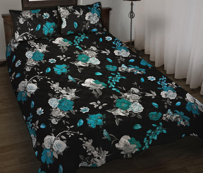 Blue Peony And Grey Rose Floral Print Quilt Bed Set