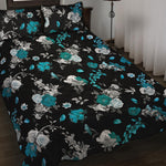 Blue Peony And Grey Rose Floral Print Quilt Bed Set