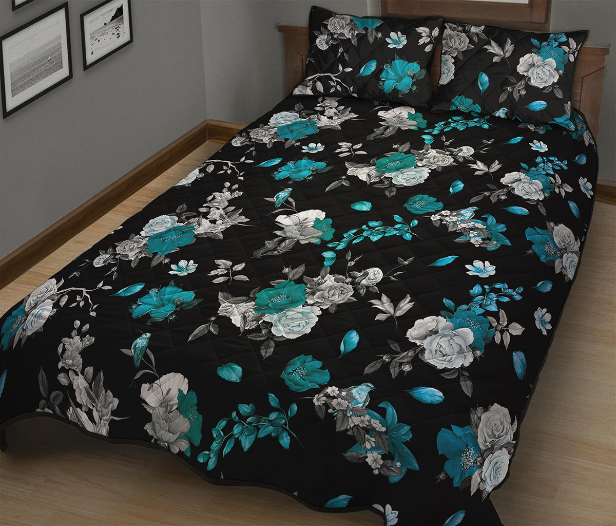 Blue Peony And Grey Rose Floral Print Quilt Bed Set