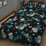 Blue Peony And Grey Rose Floral Print Quilt Bed Set