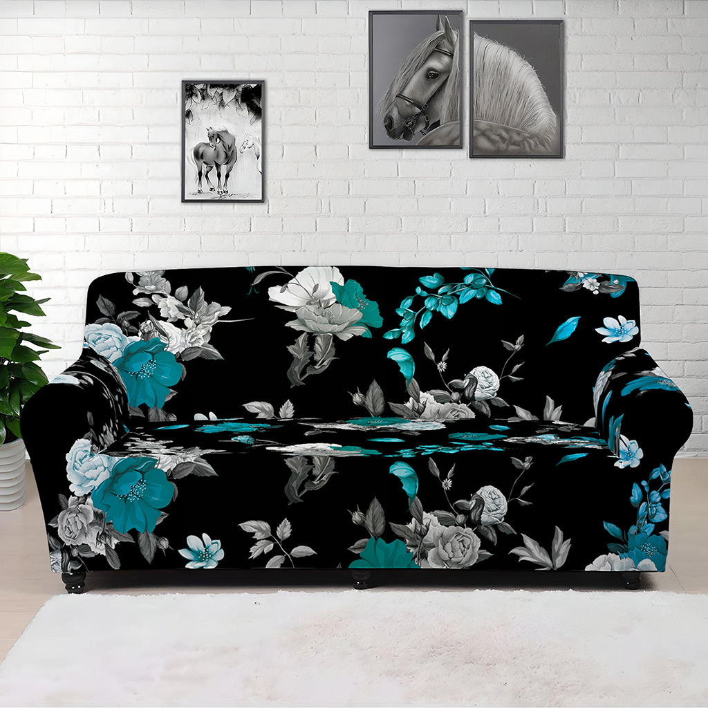 Blue Peony And Grey Rose Floral Print Sofa Cover