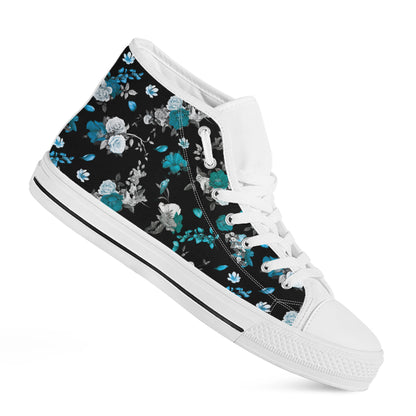 Blue Peony And Grey Rose Floral Print White High Top Shoes
