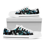 Blue Peony And Grey Rose Floral Print White Low Top Shoes