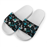 Blue Peony And Grey Rose Floral Print White Slide Sandals