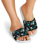 Blue Peony And Grey Rose Floral Print White Slide Sandals