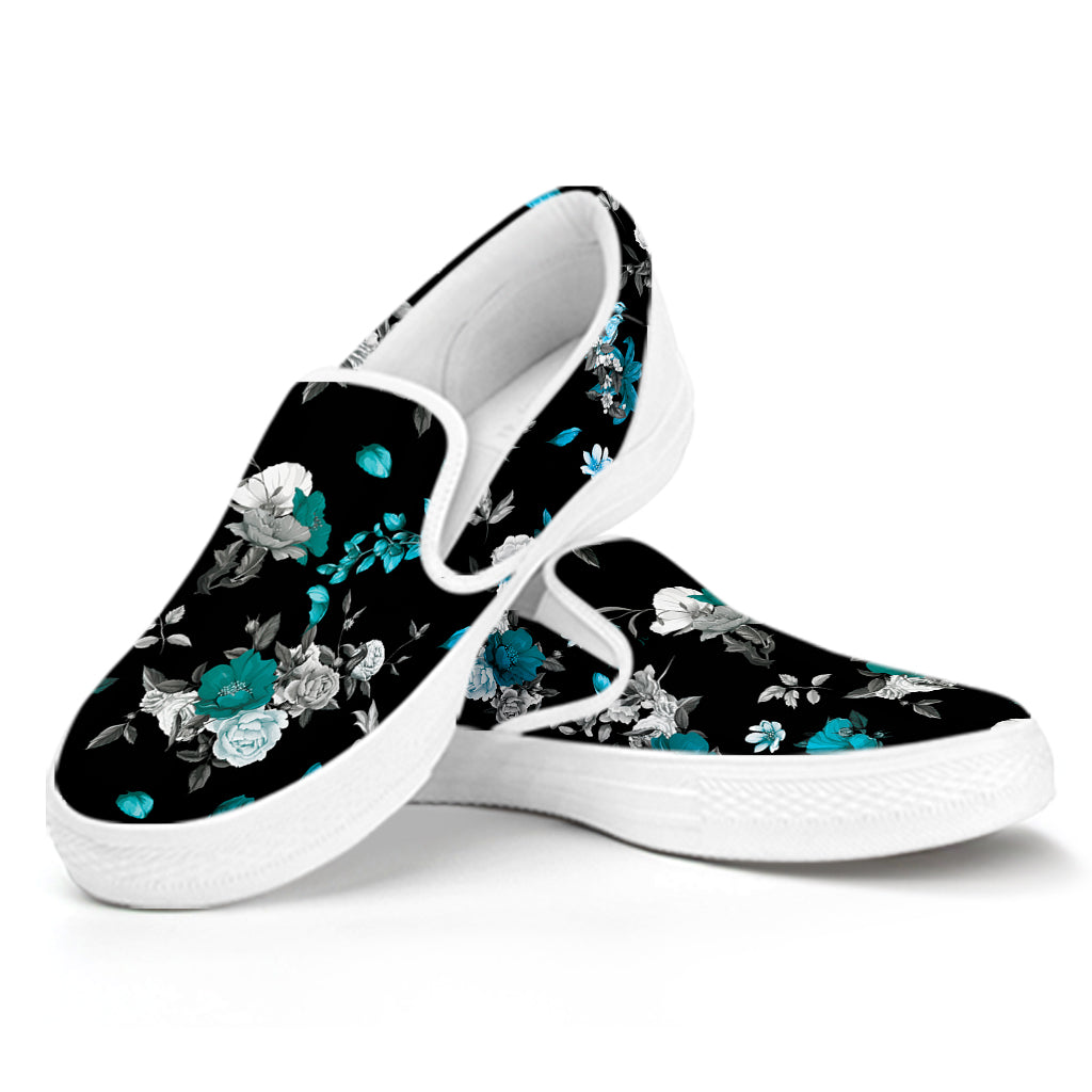Blue Peony And Grey Rose Floral Print White Slip On Shoes