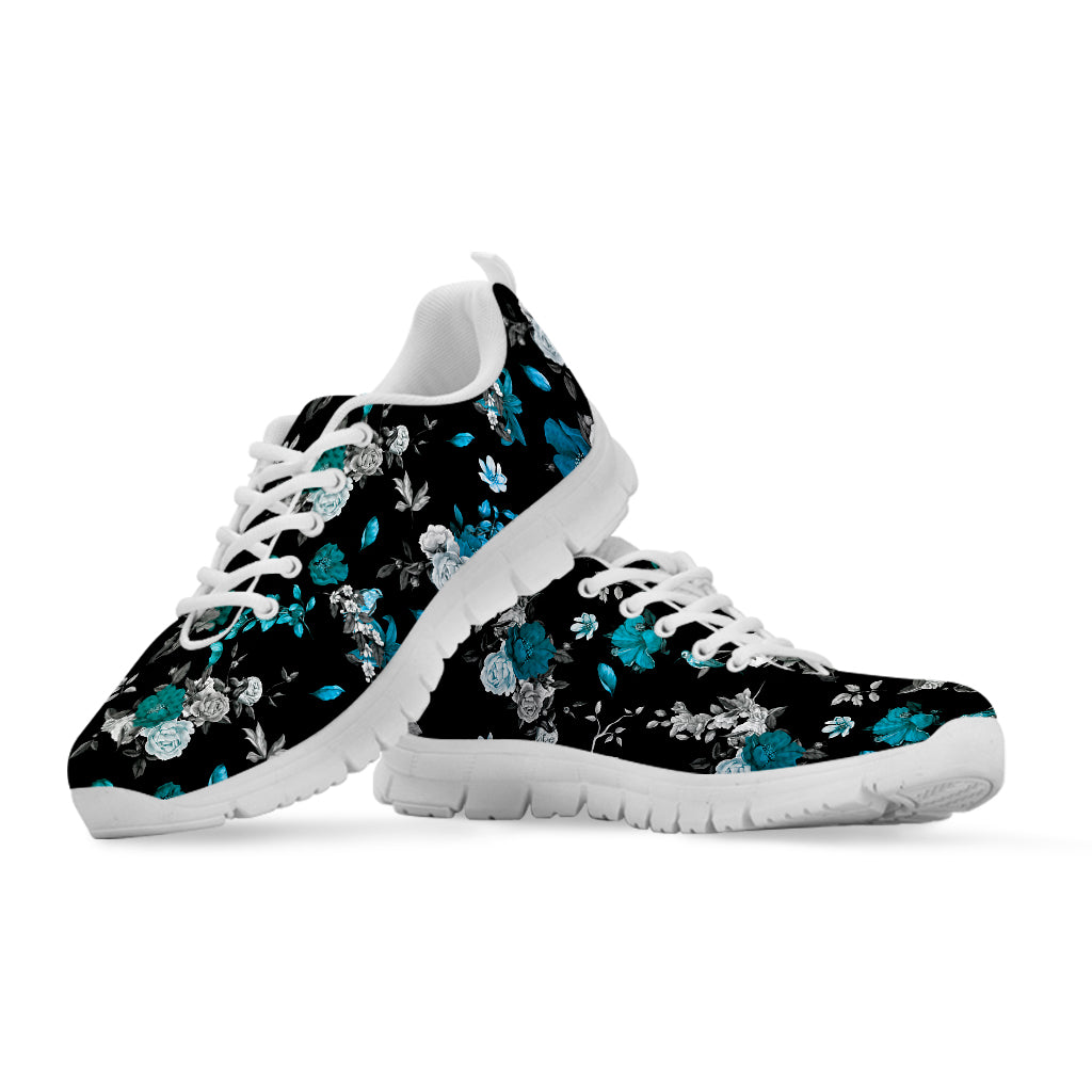 Blue Peony And Grey Rose Floral Print White Sneakers