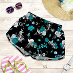 Blue Peony And Grey Rose Floral Print Women's Shorts