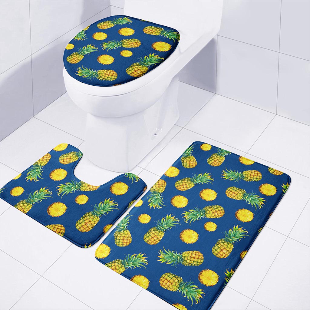 Blue Pineapple Pattern Print 3 Piece Bath Mat Set
