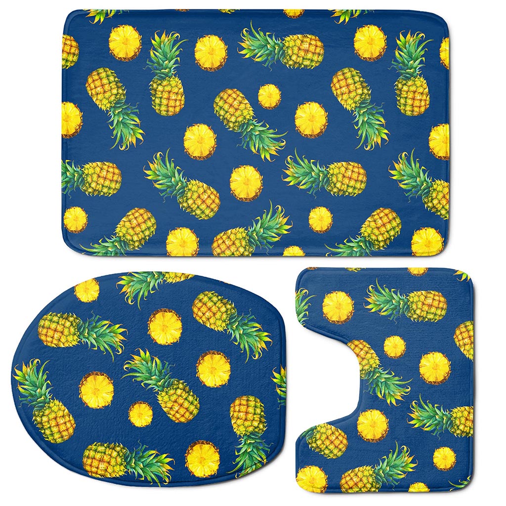 Blue Pineapple Pattern Print 3 Piece Bath Mat Set