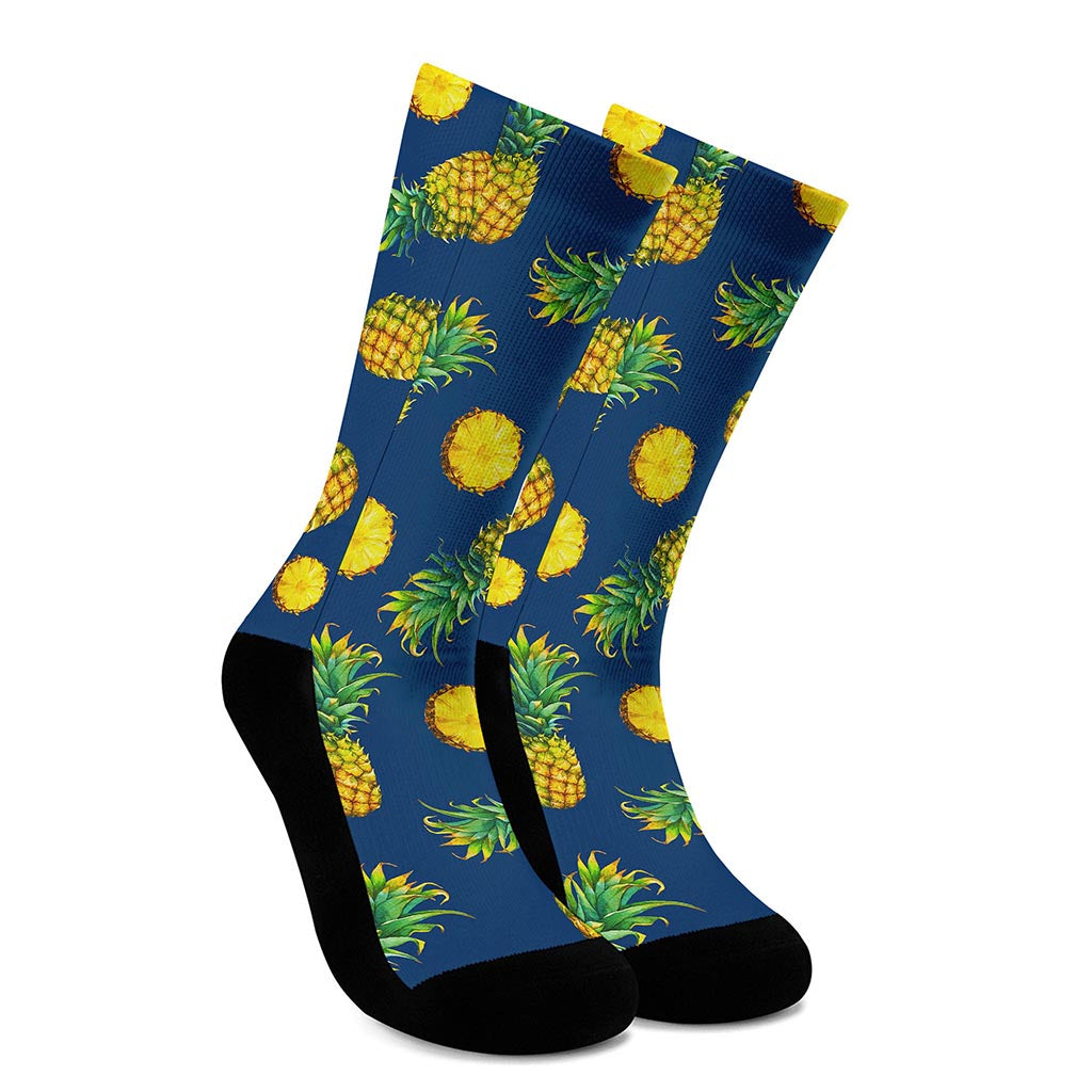 Blue Pineapple Pattern Print Crew Socks