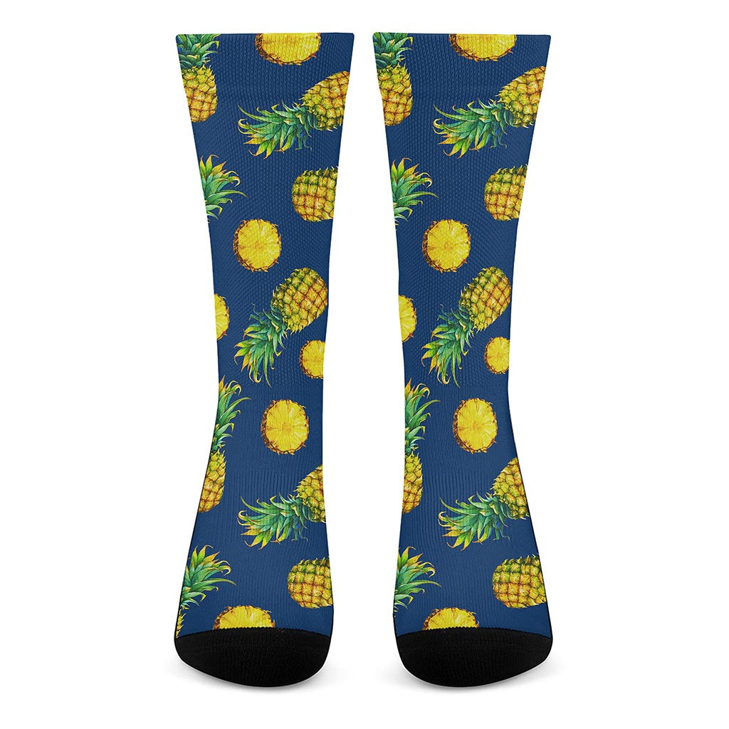 Blue Pineapple Pattern Print Crew Socks