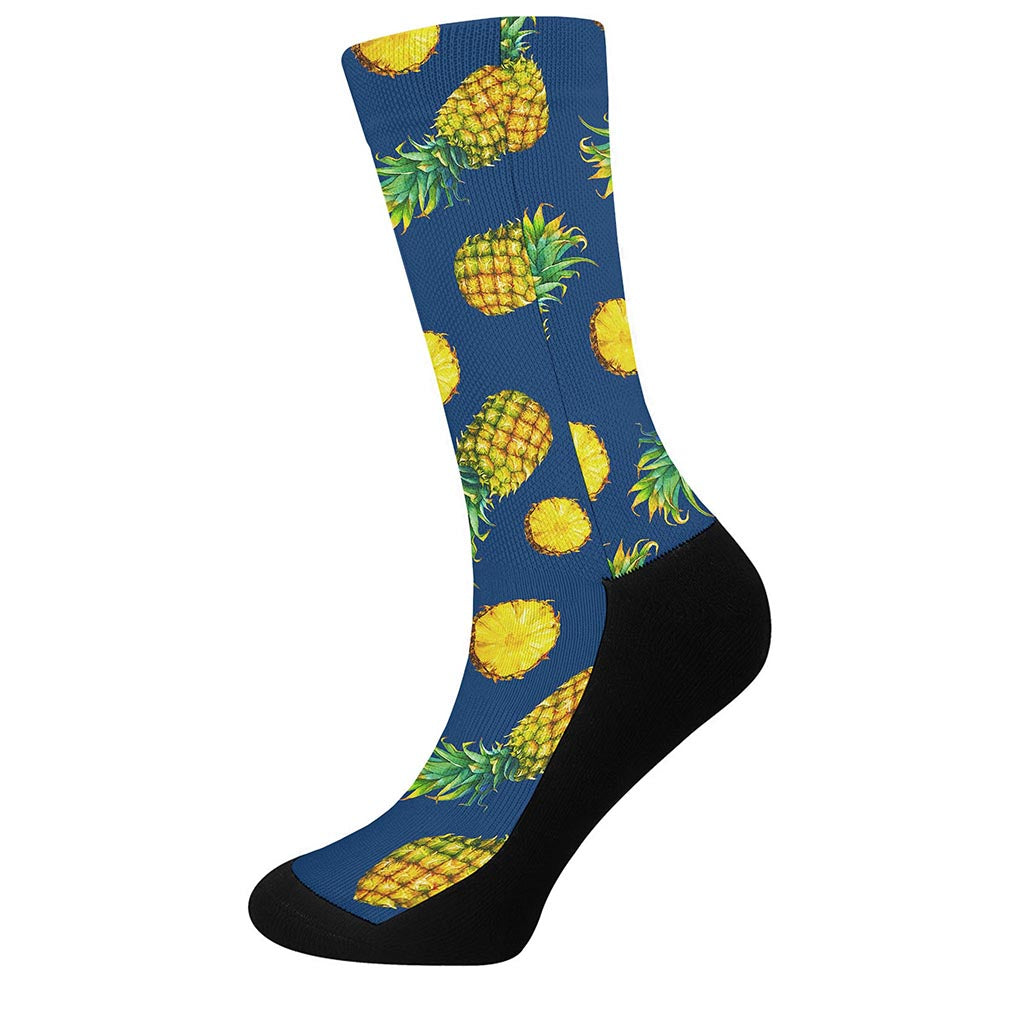 Blue Pineapple Pattern Print Crew Socks
