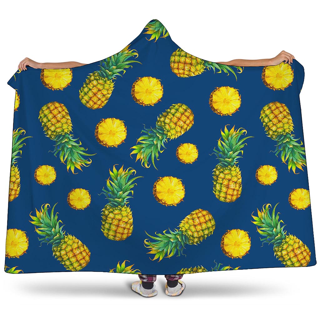 Blue Pineapple Pattern Print Hooded Blanket