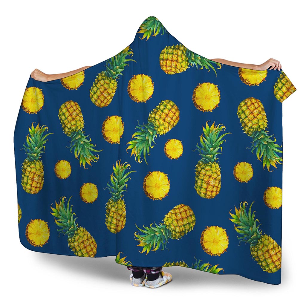 Blue Pineapple Pattern Print Hooded Blanket