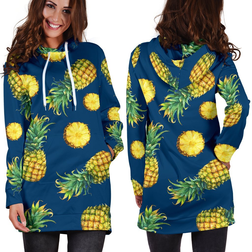 Blue Pineapple Pattern Print Hoodie Dress GearFrost