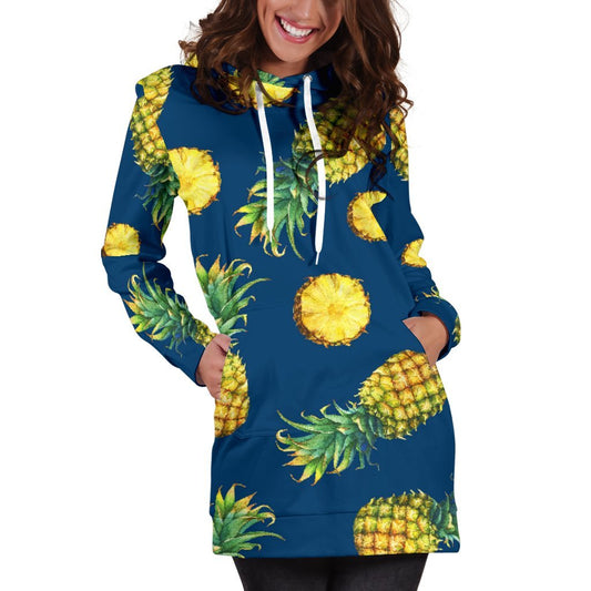 Blue Pineapple Pattern Print Hoodie Dress GearFrost