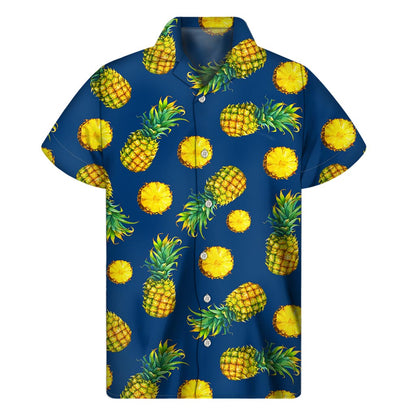 Blue Pineapple Pattern Print Men's Short Sleeve Shirt