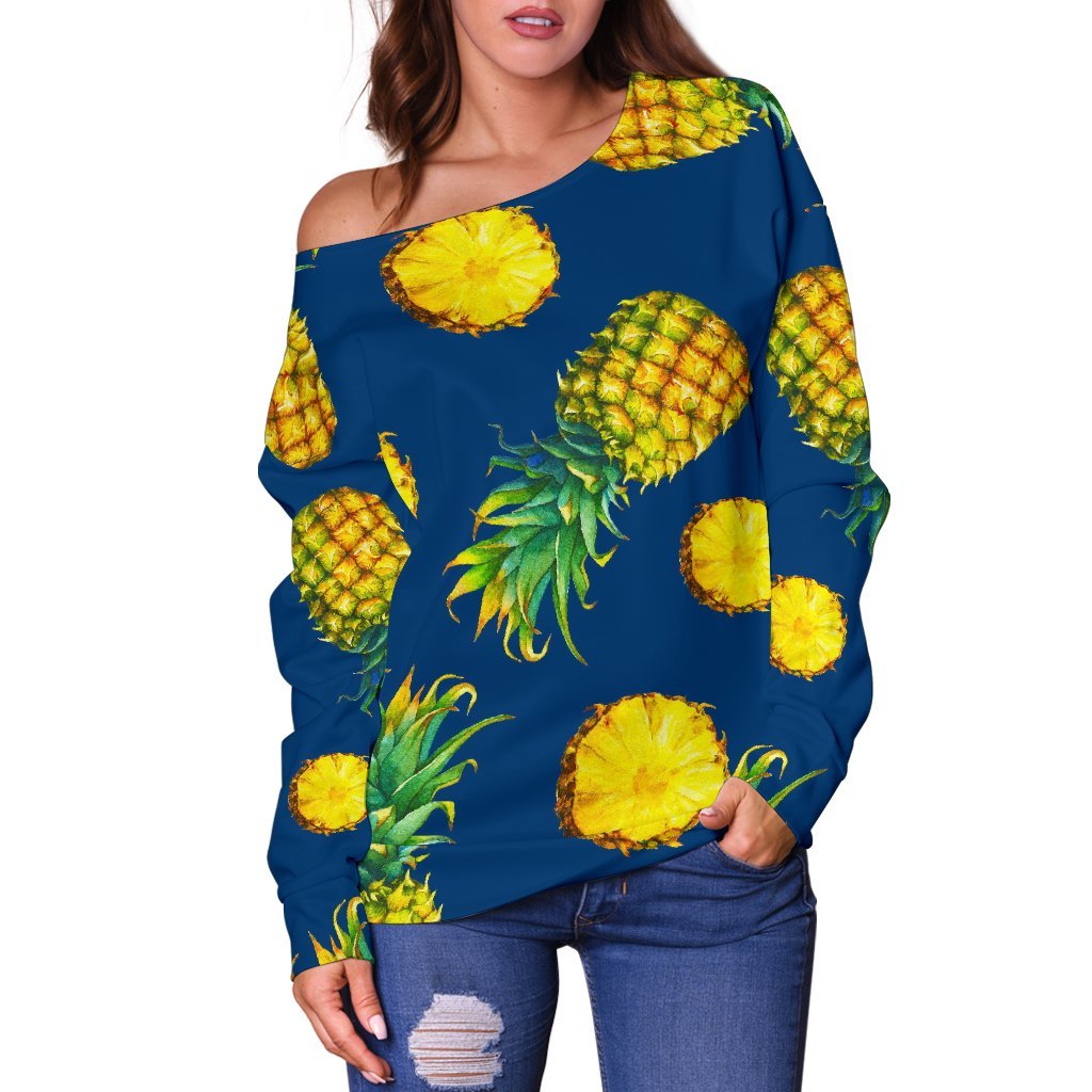 Blue Pineapple Pattern Print Off Shoulder Sweatshirt GearFrost