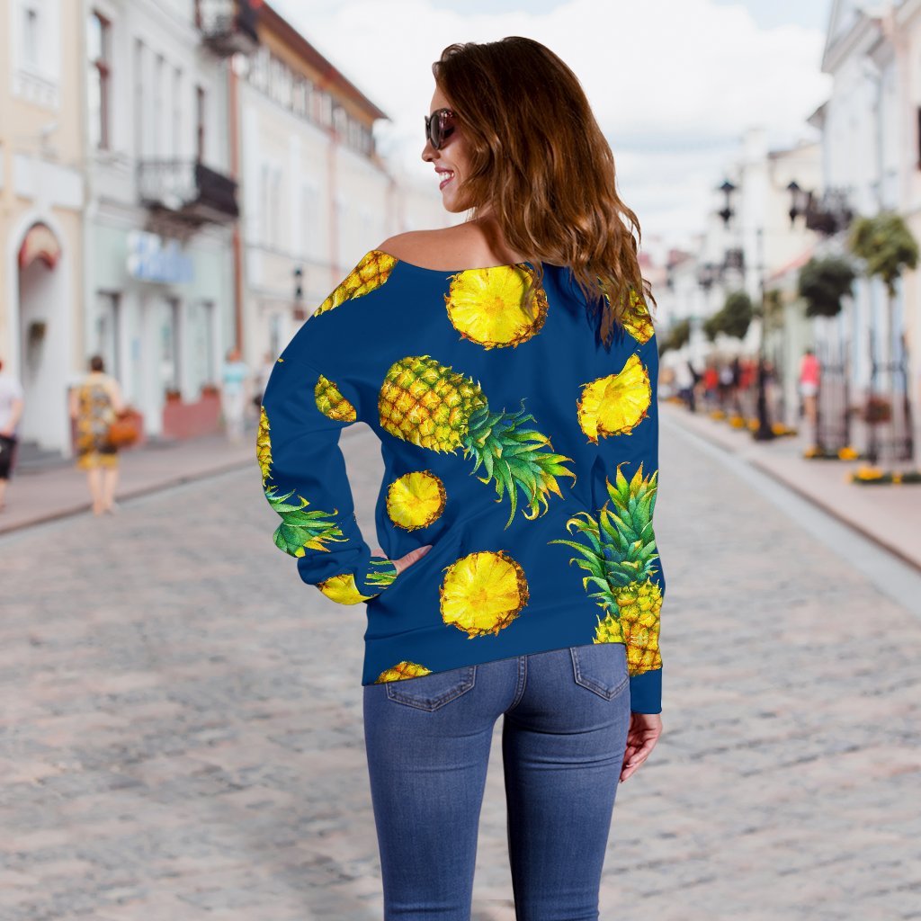 Blue Pineapple Pattern Print Off Shoulder Sweatshirt GearFrost