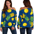 Blue Pineapple Pattern Print Off The Shoulder Sweatshirt