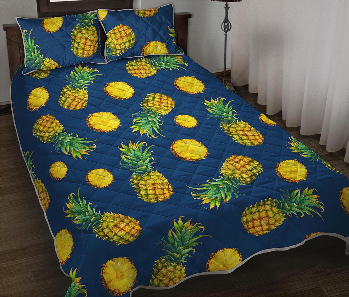 Blue Pineapple Pattern Print Quilt Bed Set