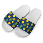 Blue Pineapple Pattern Print White Slide Sandals
