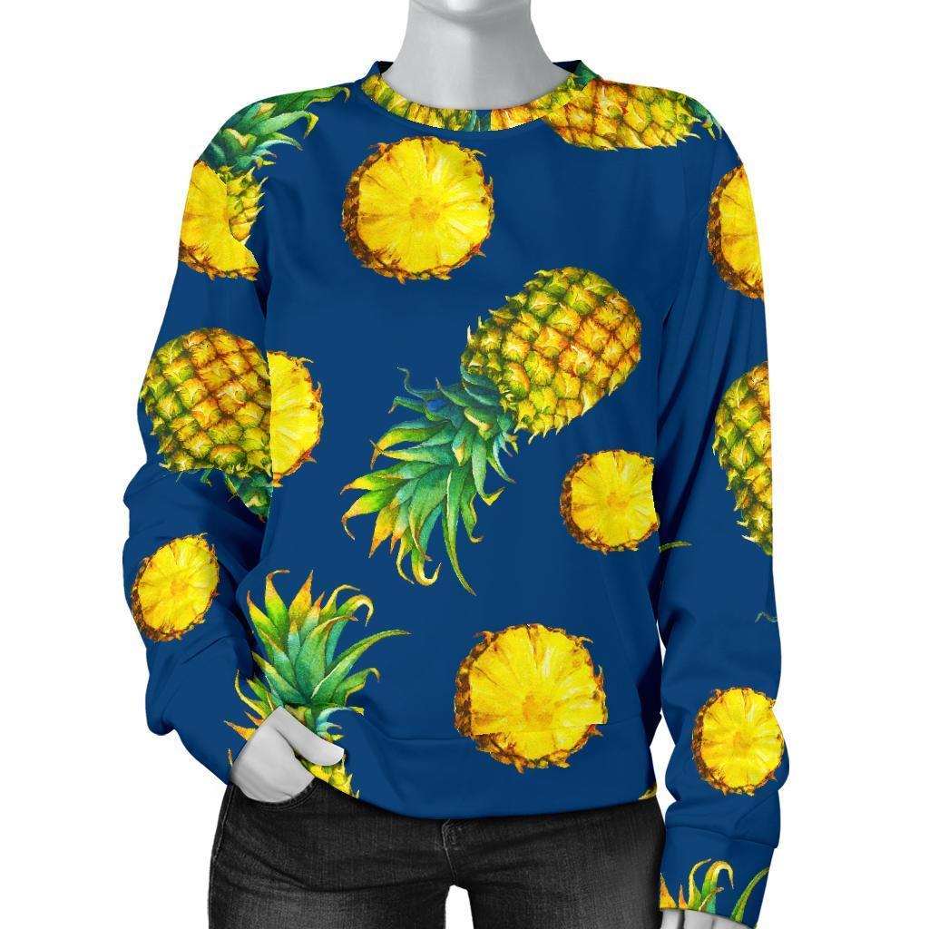 Blue Pineapple Pattern Print Women's Crewneck Sweatshirt GearFrost