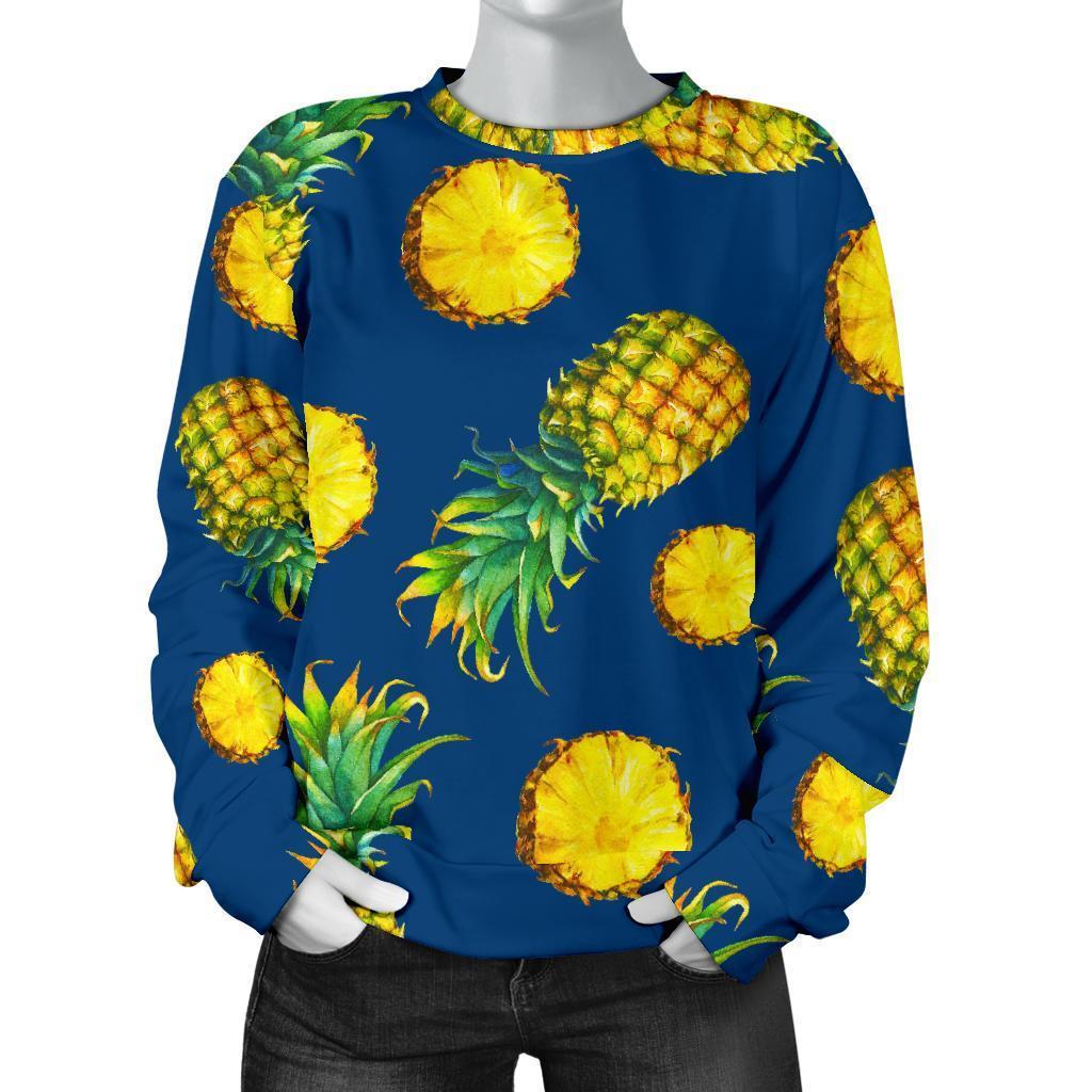 Blue Pineapple Pattern Print Women's Crewneck Sweatshirt GearFrost