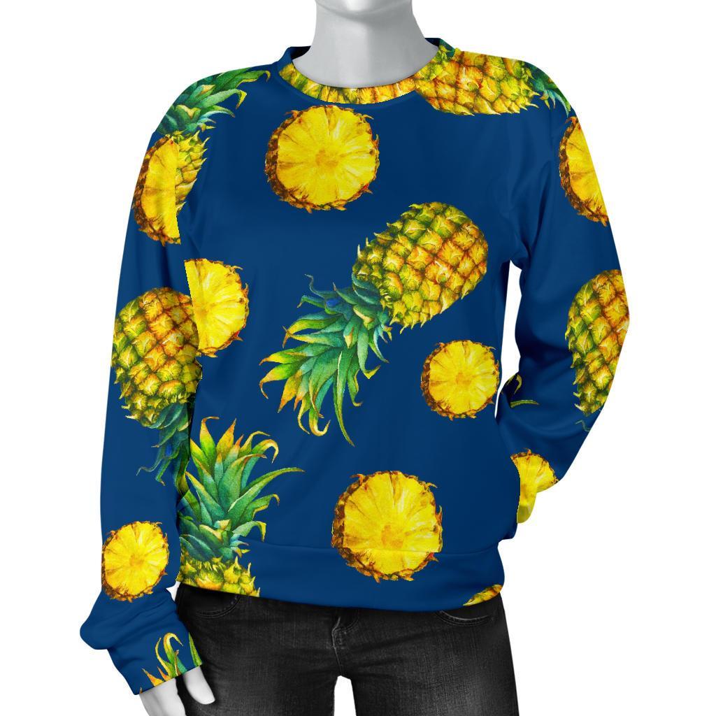 Blue Pineapple Pattern Print Women's Crewneck Sweatshirt GearFrost