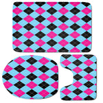Blue Pink And Black Argyle Pattern Print 3 Piece Bath Mat Set