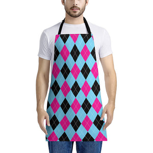 Blue Pink And Black Argyle Pattern Print Apron