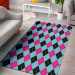 Blue Pink And Black Argyle Pattern Print Area Rug