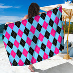 Blue Pink And Black Argyle Pattern Print Beach Sarong Wrap