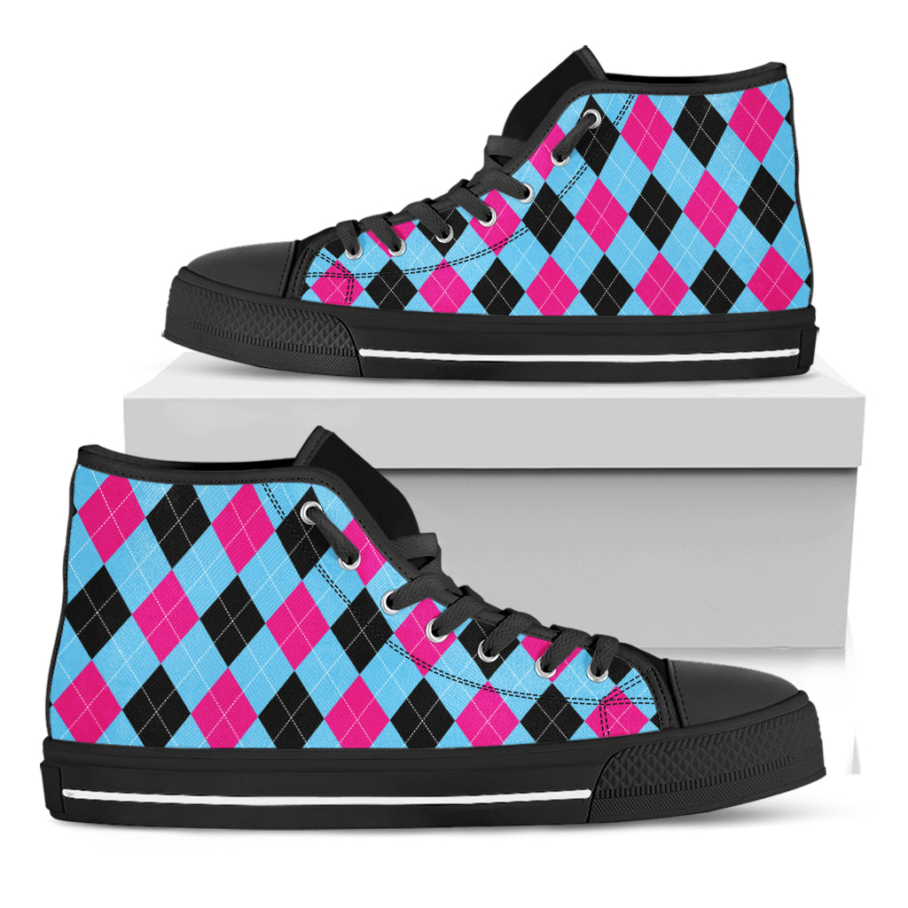 Blue Pink And Black Argyle Pattern Print Black High Top Shoes