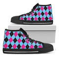 Blue Pink And Black Argyle Pattern Print Black High Top Sneakers