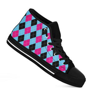 Blue Pink And Black Argyle Pattern Print Black High Top Shoes