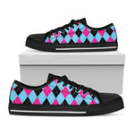Blue Pink And Black Argyle Pattern Print Black Low Top Shoes