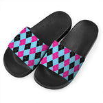 Blue Pink And Black Argyle Pattern Print Black Slide Sandals