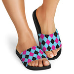 Blue Pink And Black Argyle Pattern Print Black Slide Sandals