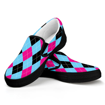 Blue Pink And Black Argyle Pattern Print Black Slip On Shoes